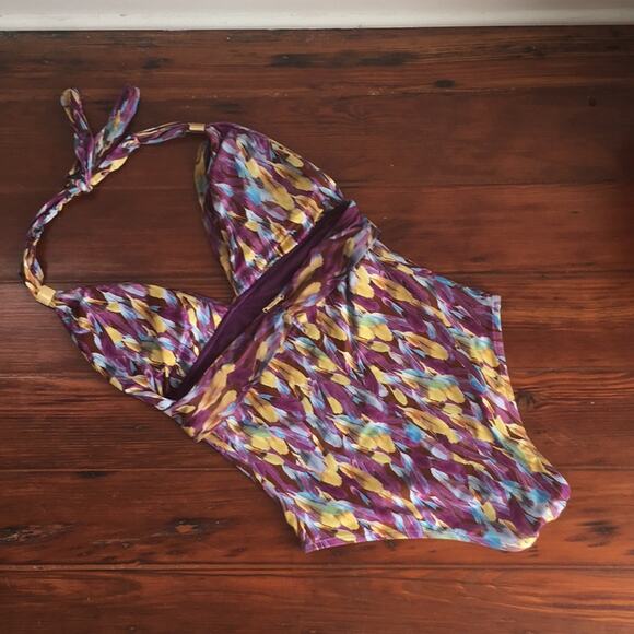 Toque d’ Sol halter feather print traingle top one piece sz M - Picture 5 of 8